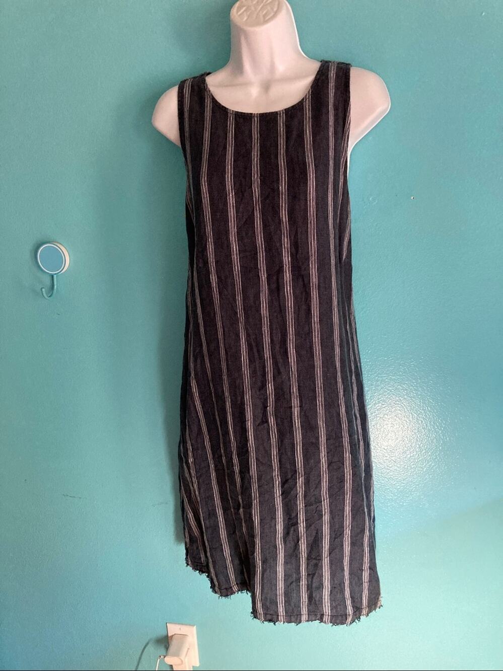 Garnet Hill Washed Navy Linen Striped Tank Dress Rear Zip Size 14 / L